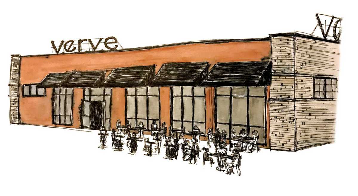 a hand-drawn sketch of the exterior of Verve Kombucha
