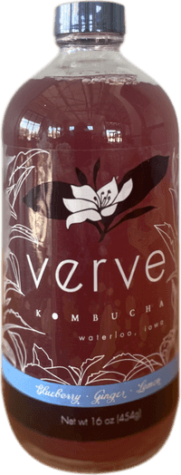 a bottle of blueberry, ginger, and lemon flavored Verve kombucha