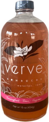 a bottle of passionfruit, pear, cayenne flavored Verve kombucha